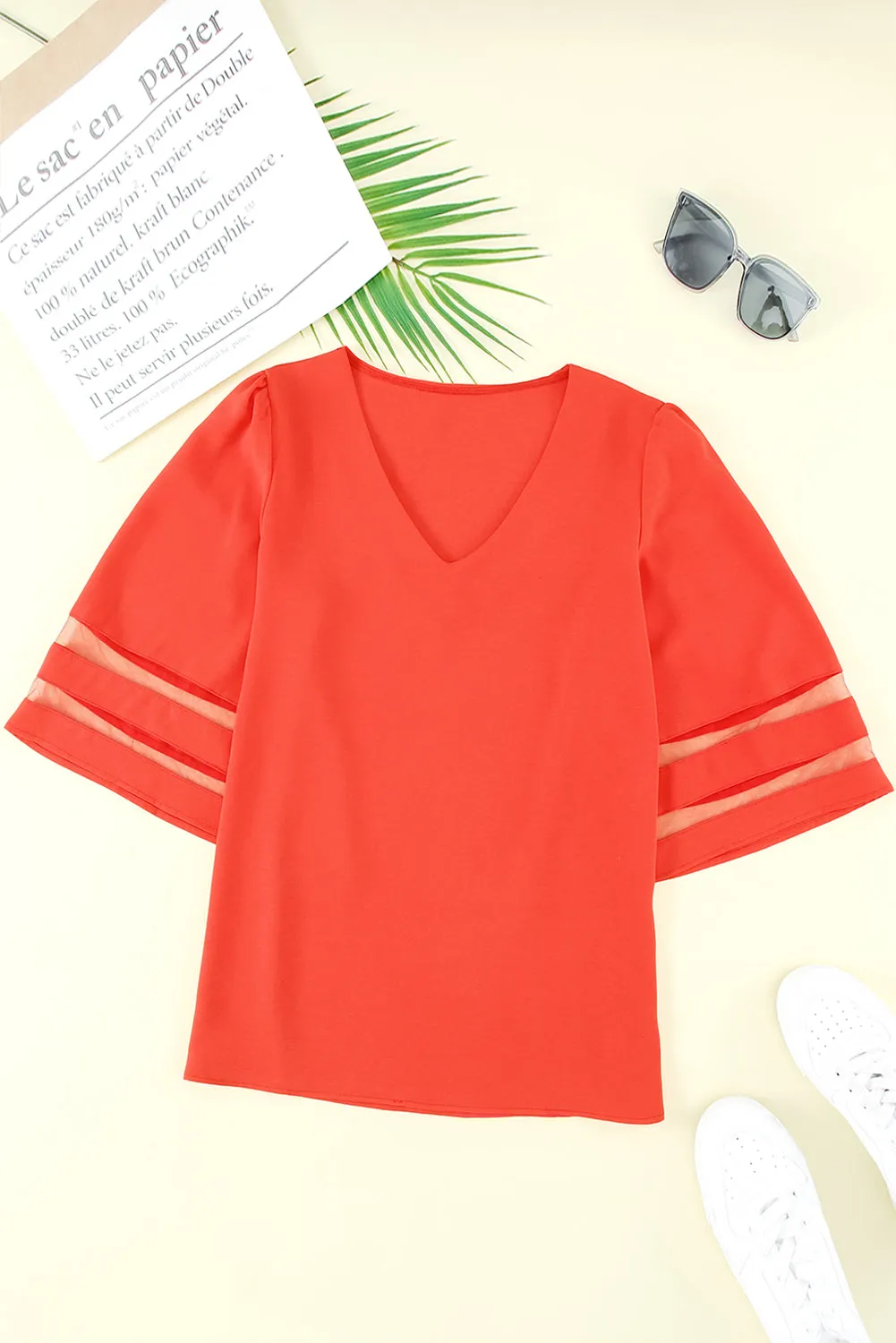 Fiery Red Flare Sleeve V Neck Loose Blouse
