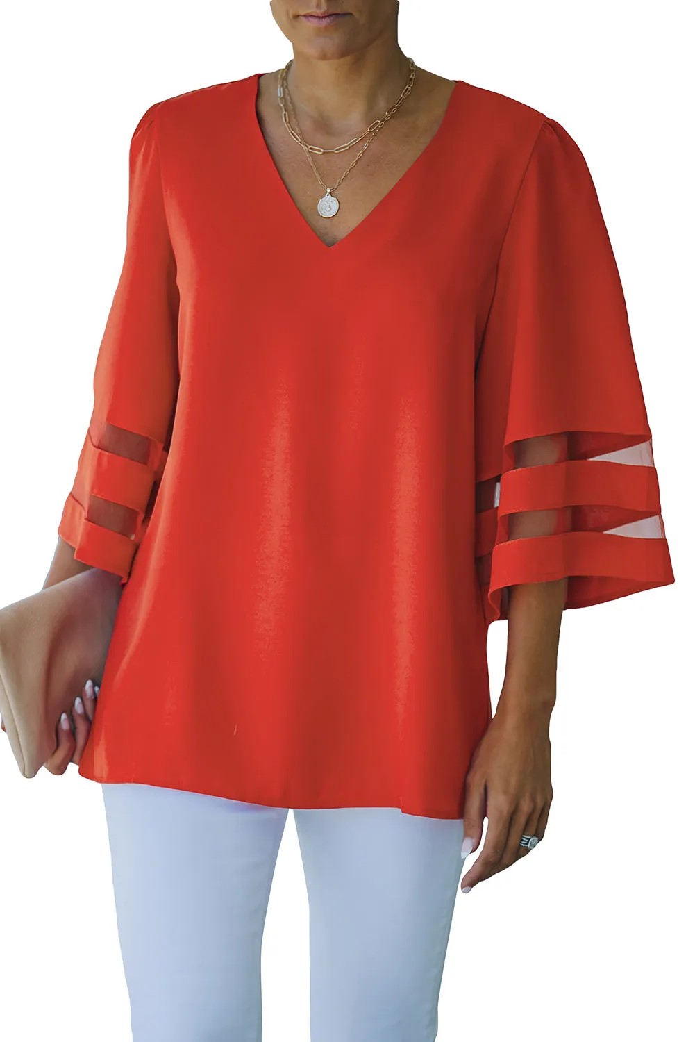 Fiery Red Flare Sleeve V Neck Loose Blouse
