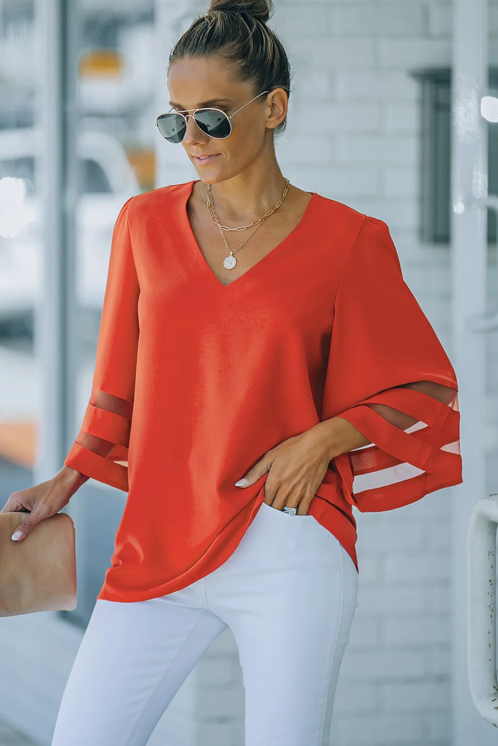 Fiery Red Flare Sleeve V Neck Loose Blouse