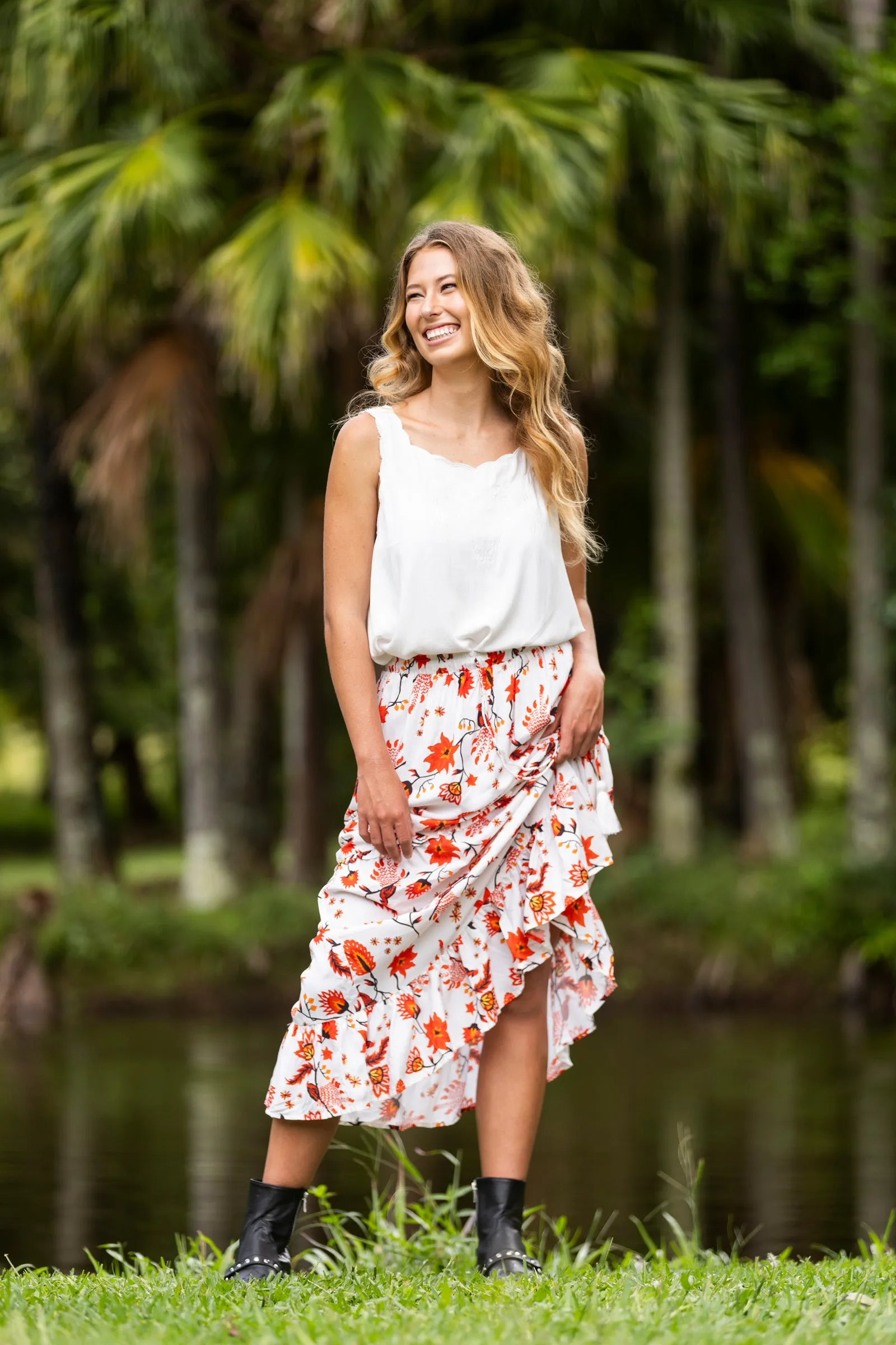 Floral print maxi skirt -red