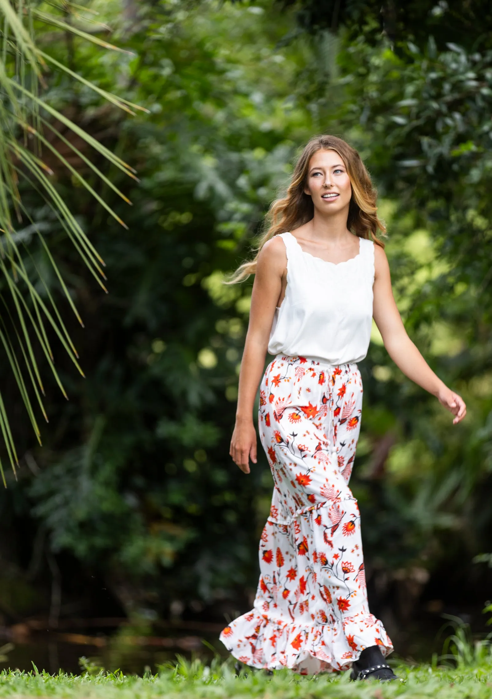 Floral print maxi skirt -red