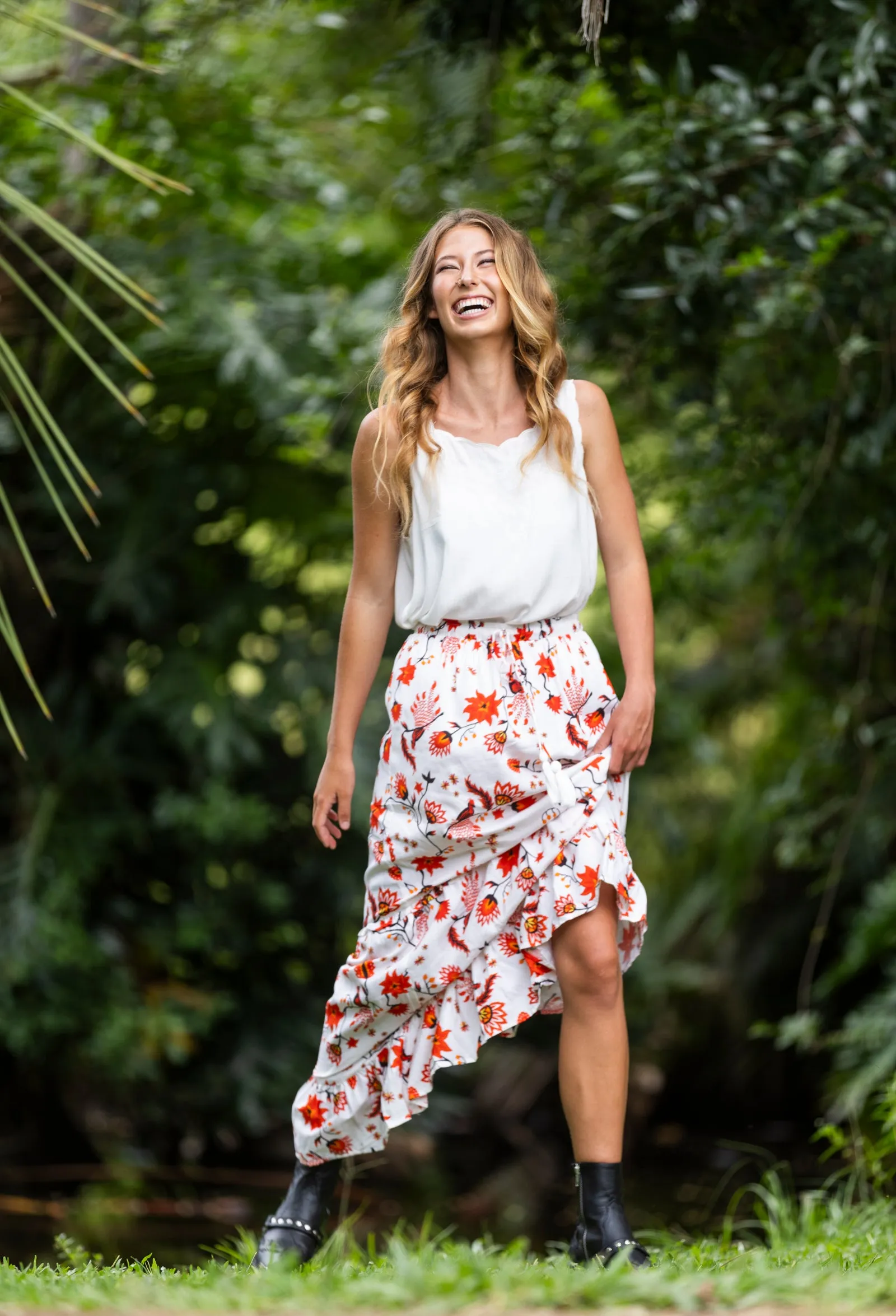 Floral print maxi skirt -red