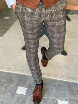 Frezo Beige Slim Fit Plaid Cotton Pants