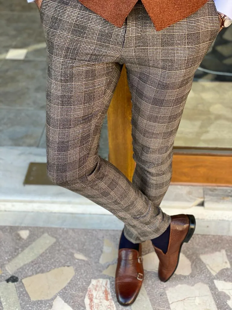 Frezo Beige Slim Fit Plaid Cotton Pants
