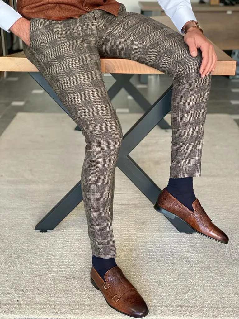 Frezo Beige Slim Fit Plaid Cotton Pants