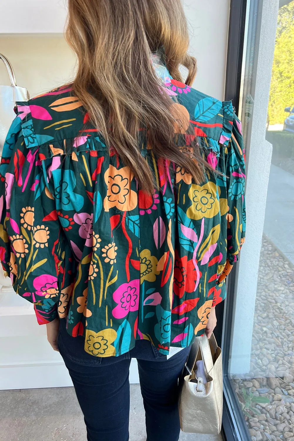 Green Floral Knot Split Neck Puff Sleeve Blouse