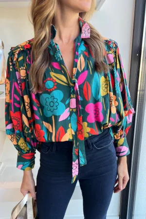 Green Floral Knot Split Neck Puff Sleeve Blouse