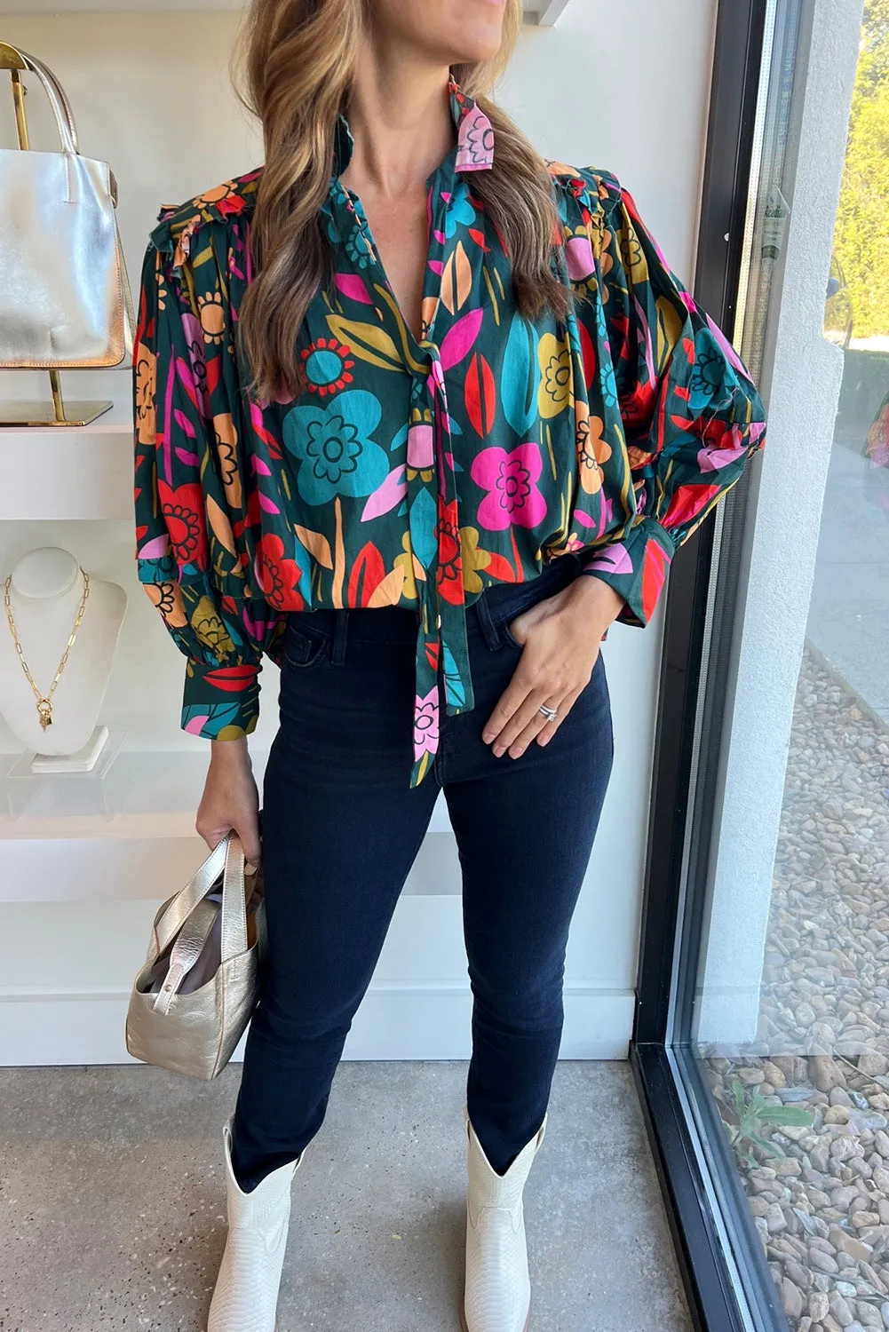 Green Floral Knot Split Neck Puff Sleeve Blouse