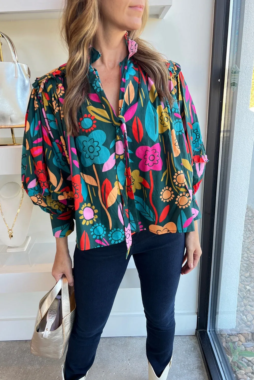 Green Floral Knot Split Neck Puff Sleeve Blouse