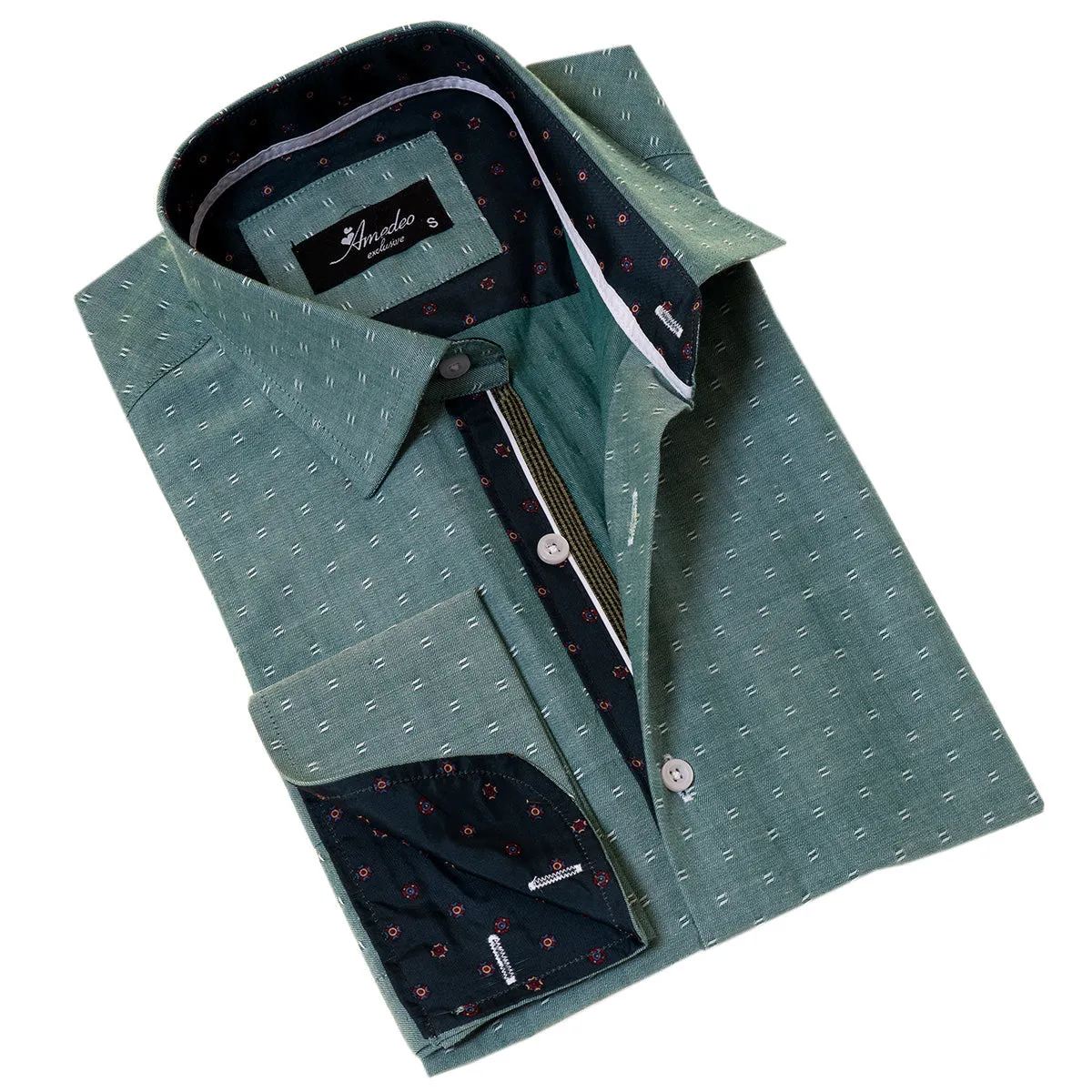 Green inside Emerald Green Printed Mens Slim Fit Designer French Cuff