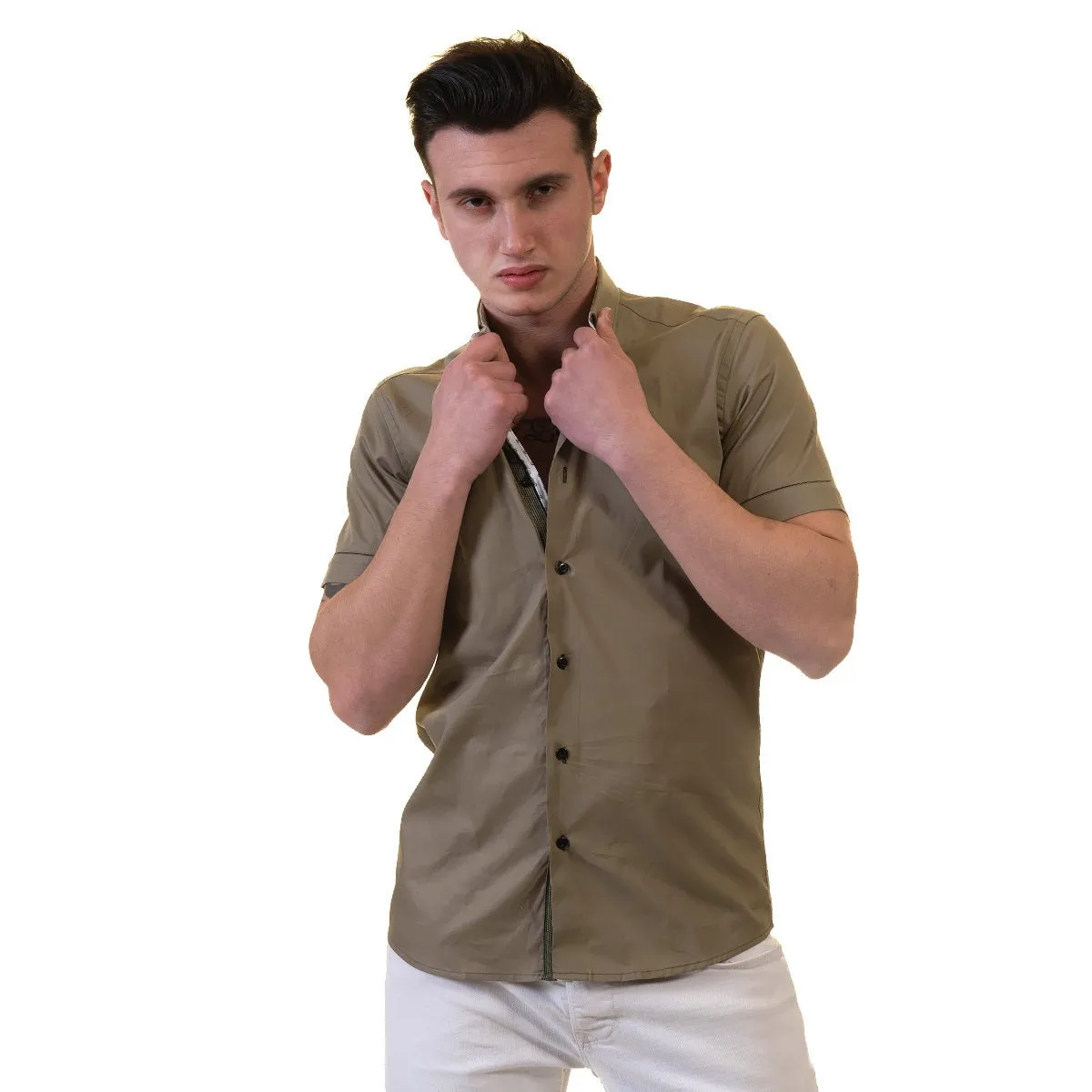 Green Mens Short Sleeve Button up Shirts - Tailored Slim Fit Cotton
