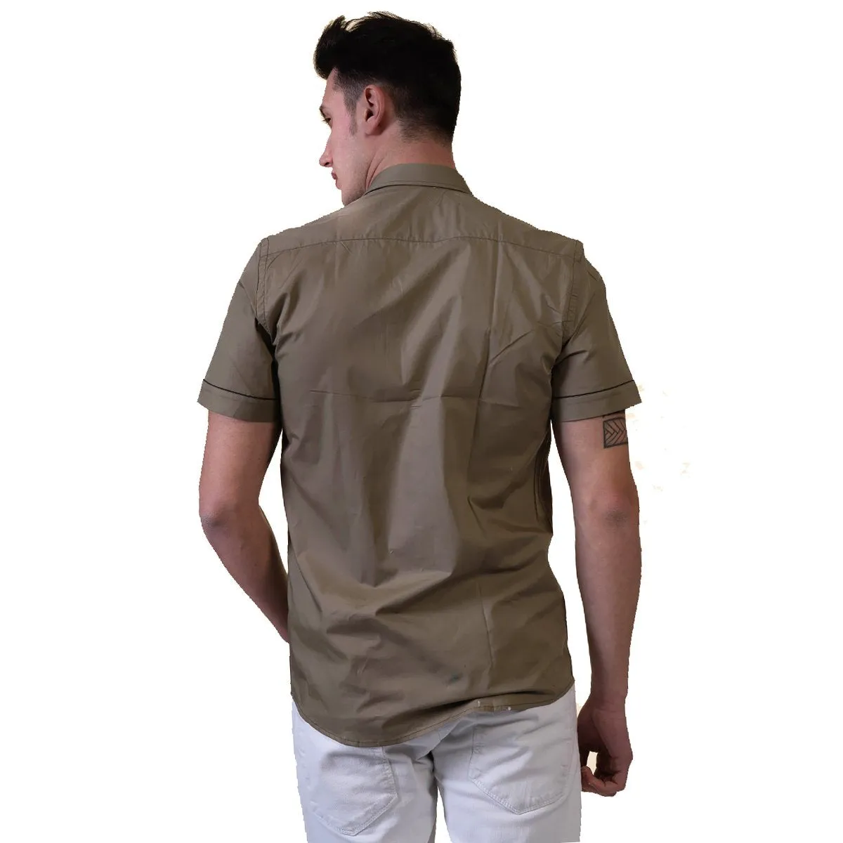 Green Mens Short Sleeve Button up Shirts - Tailored Slim Fit Cotton