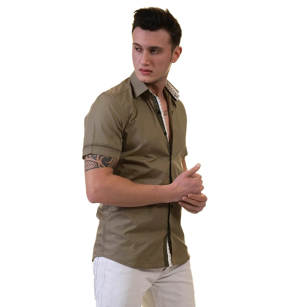 Green Mens Short Sleeve Button up Shirts - Tailored Slim Fit Cotton