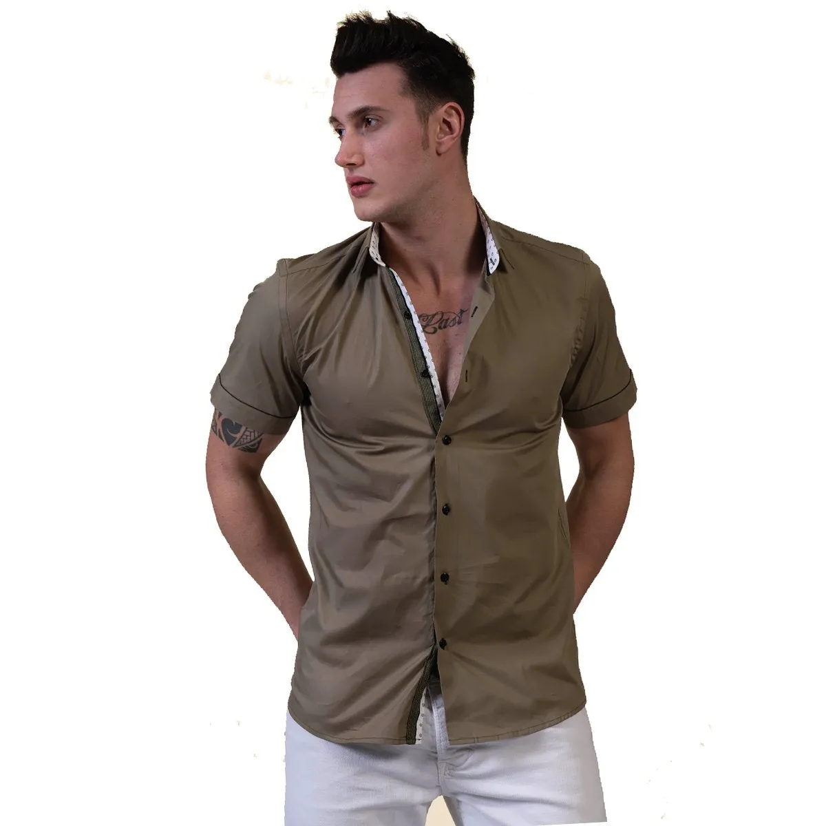 Green Mens Short Sleeve Button up Shirts - Tailored Slim Fit Cotton