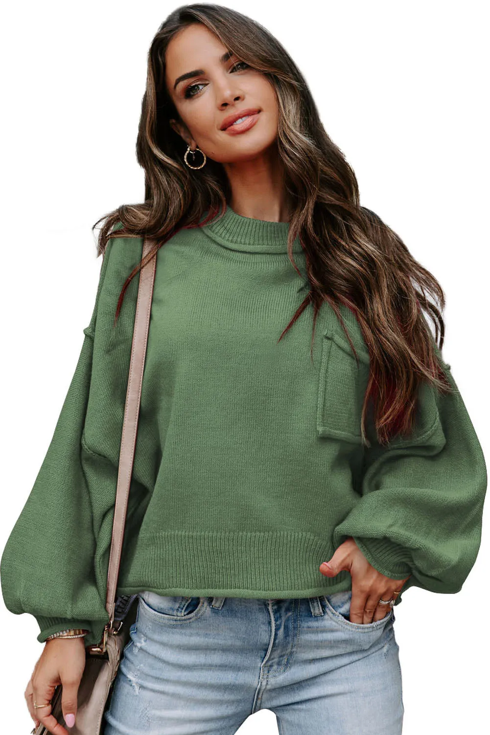 Green Raw Edge Patch Pocket Exposed Seam Loose Sweater