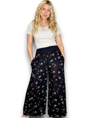 HELGA MAY Italian Linen Wide Leg Pants 'Windy Bloom' ~ Black