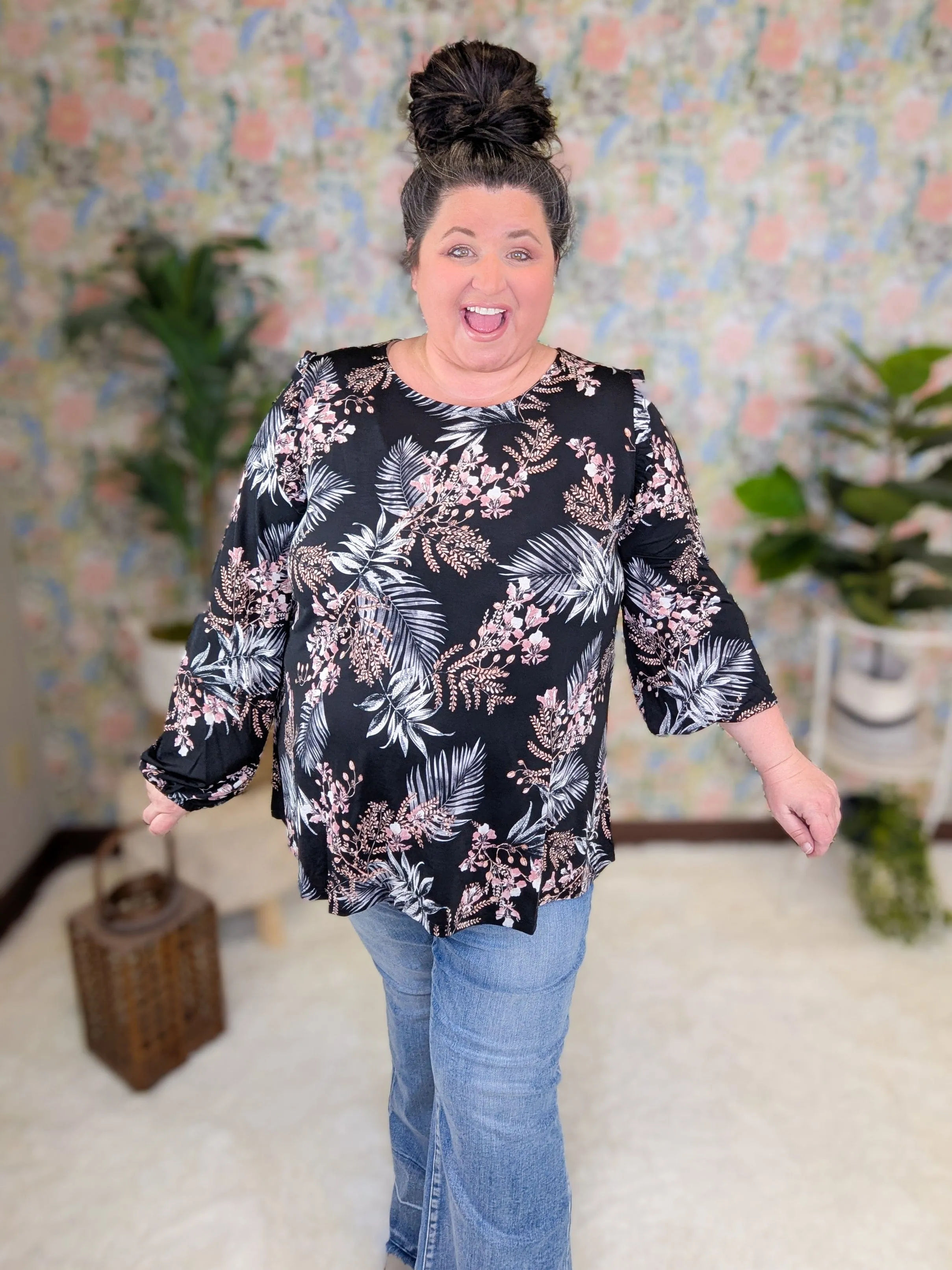 Irina Slinky Floral Long Sleeve in Black, Blush   White