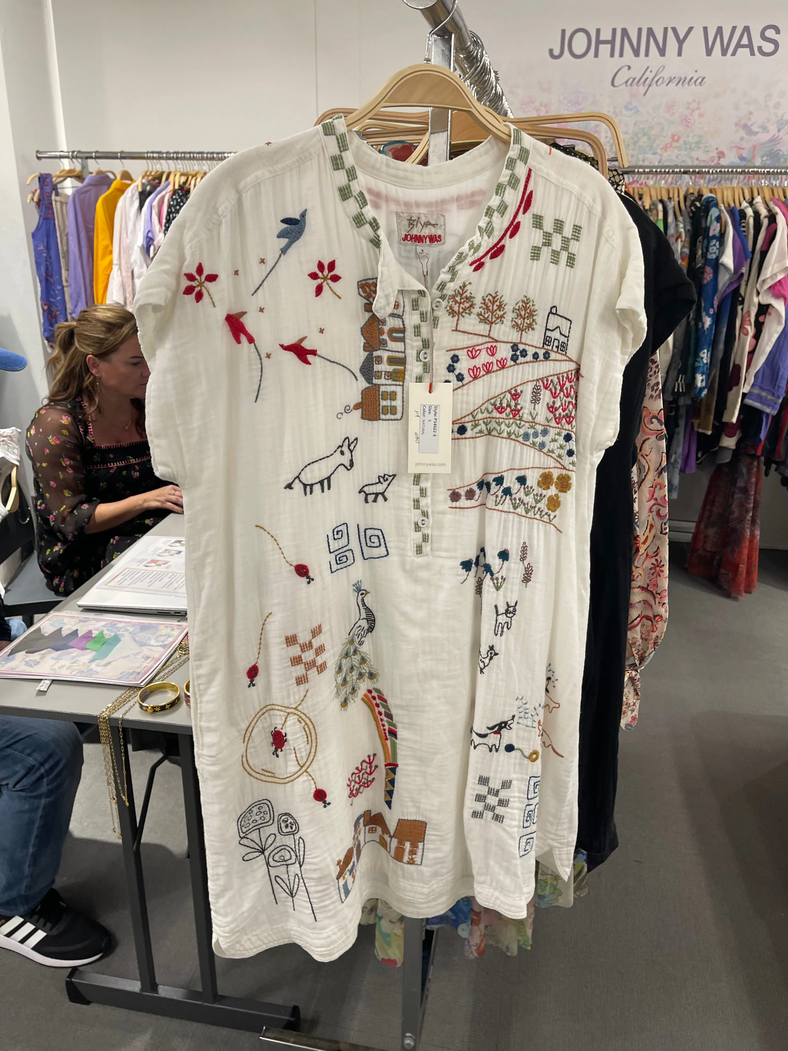 Johnny Was Cartagena Natural Dress Cotton Top Embroidery White Floral Small NEW