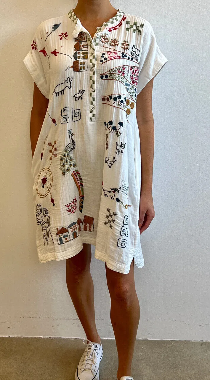 Johnny Was Cartagena Natural Dress Cotton Top Embroidery White Floral Small NEW