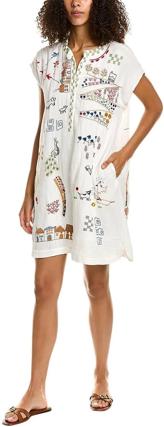 Johnny Was Cartagena Natural Dress Cotton Top Embroidery White Floral Small NEW