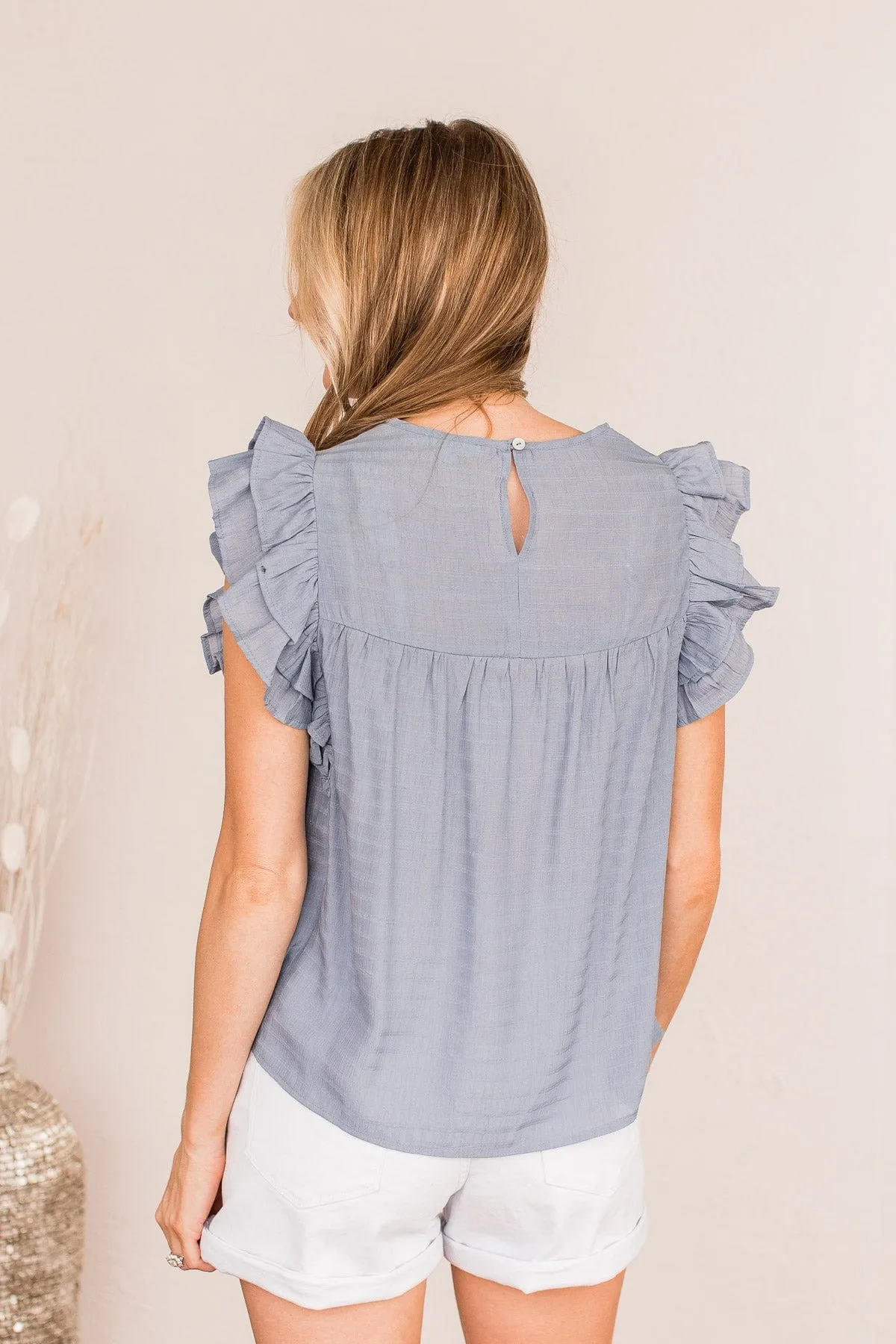 Keep On Smiling Flutter Sleeve Blouse- Dusty Blue