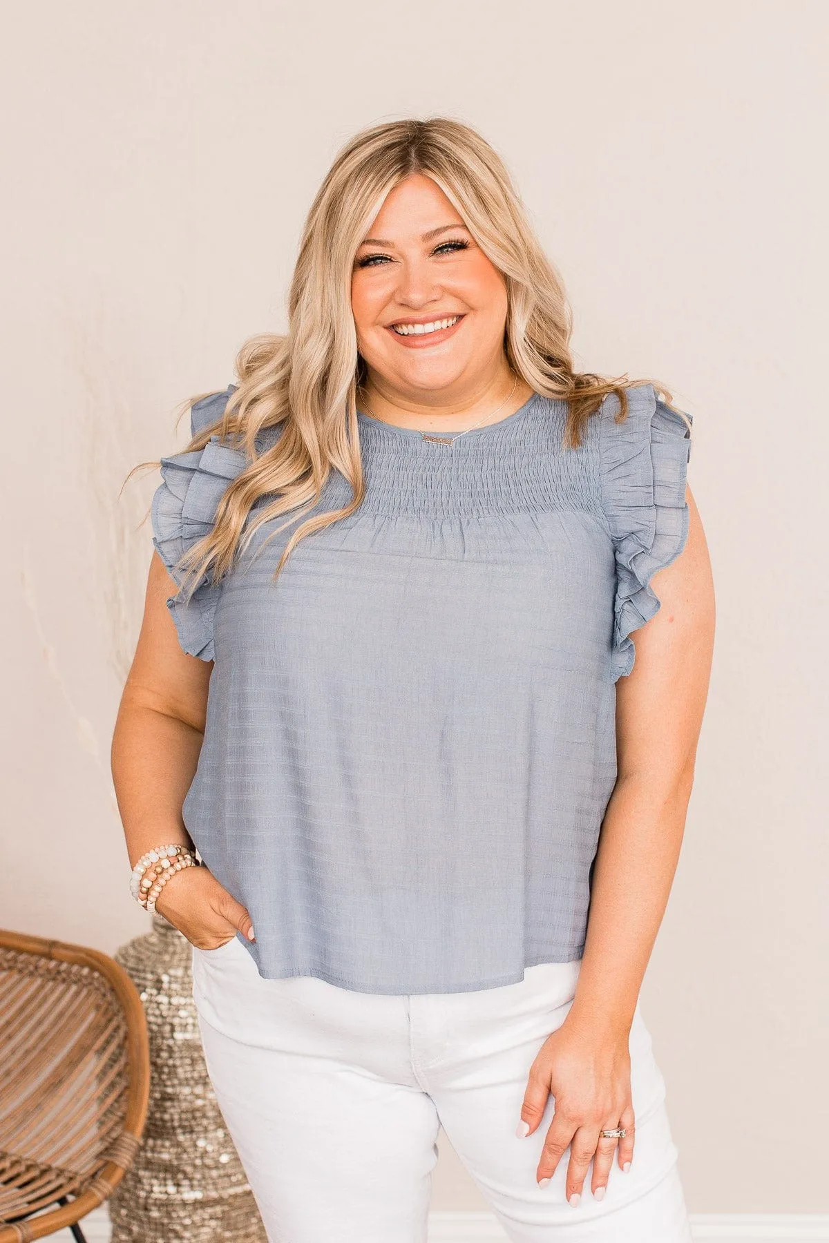 Keep On Smiling Flutter Sleeve Blouse- Dusty Blue