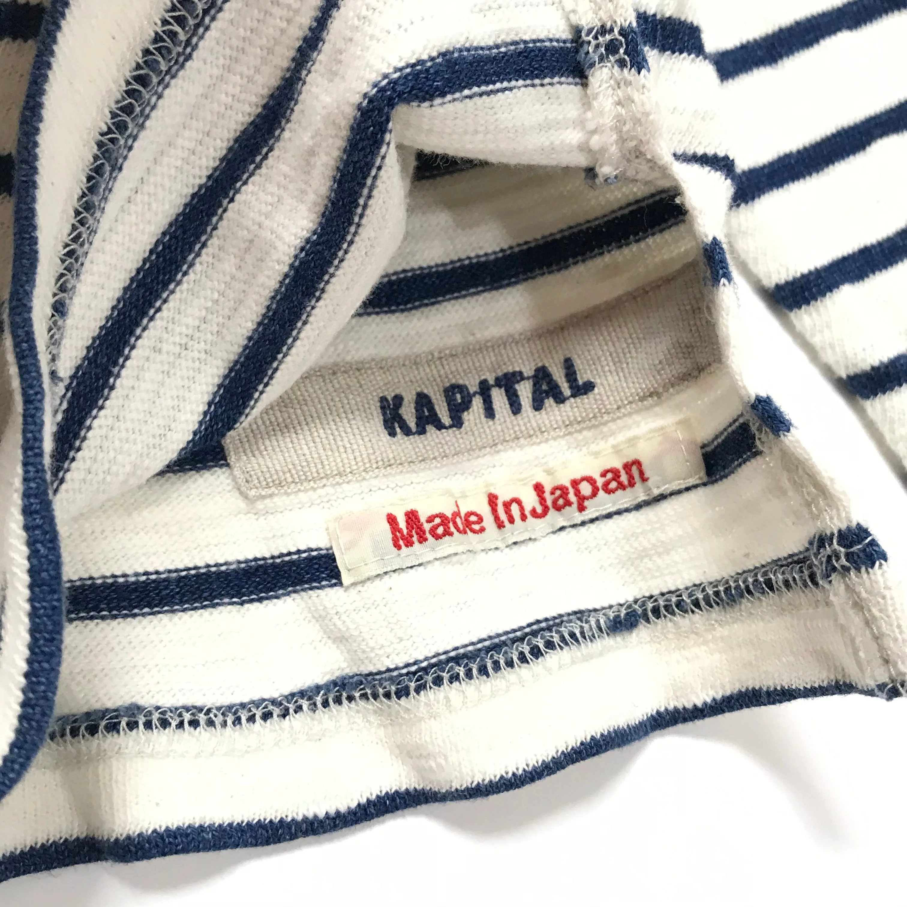 [L] Kapital Navy Border L/S Tee White/Indigo