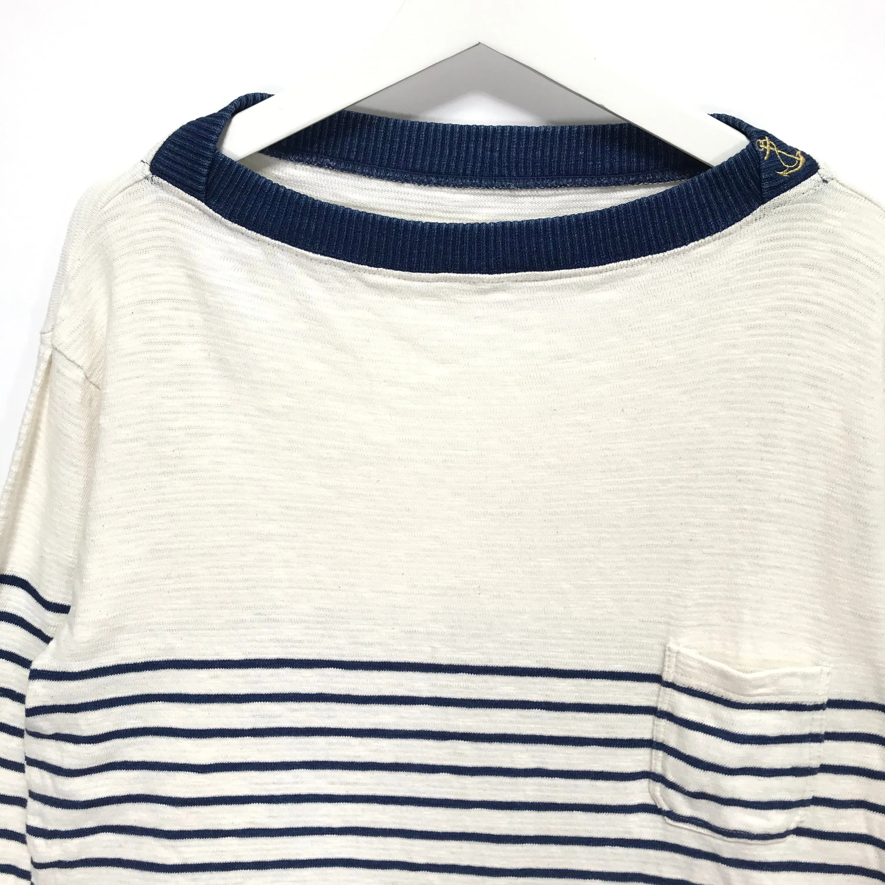 [L] Kapital Navy Border L/S Tee White/Indigo