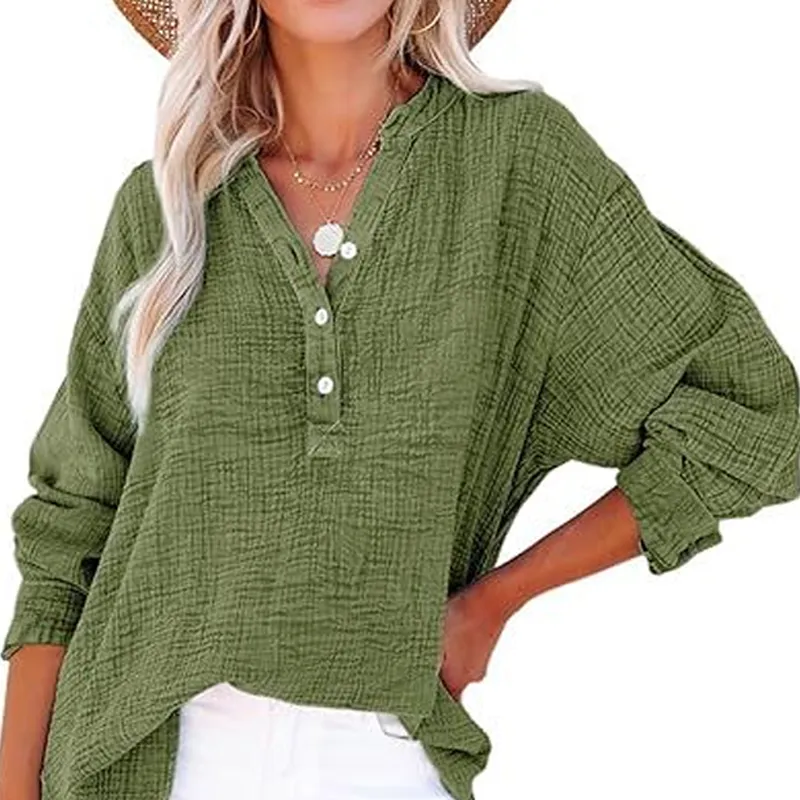 💖🔥Last Day Sale 50%🔥💖Women’s Casual Gauze Button Neck Long Sleeve Blouse