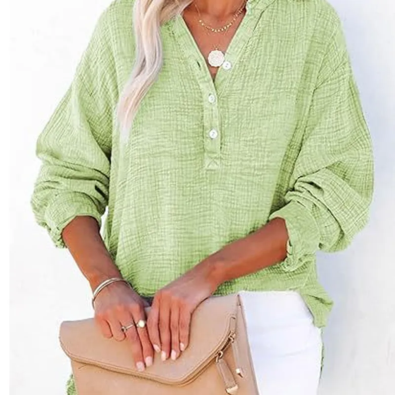 💖🔥Last Day Sale 50%🔥💖Women’s Casual Gauze Button Neck Long Sleeve Blouse