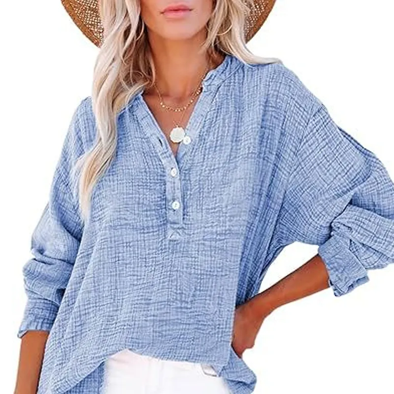 💖🔥Last Day Sale 50%🔥💖Women’s Casual Gauze Button Neck Long Sleeve Blouse