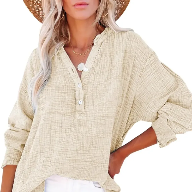 💖🔥Last Day Sale 50%🔥💖Women’s Casual Gauze Button Neck Long Sleeve Blouse
