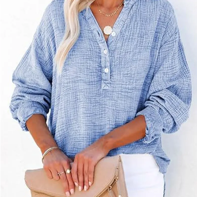 💖🔥Last Day Sale 50%🔥💖Women’s Casual Gauze Button Neck Long Sleeve Blouse