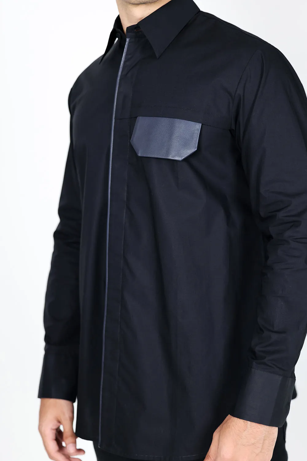 Leather Flap Pocket Shirt Grey