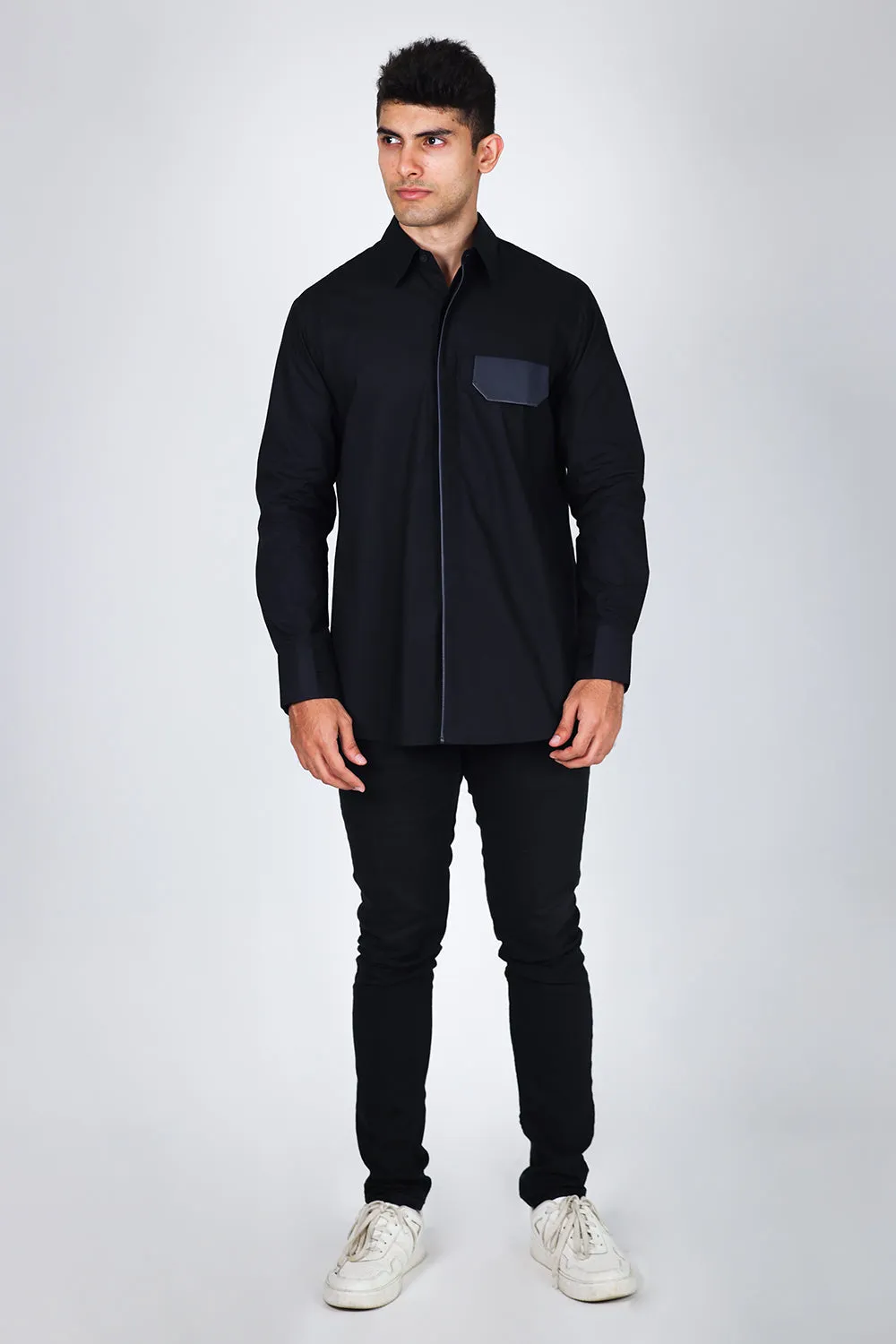 Leather Flap Pocket Shirt Grey