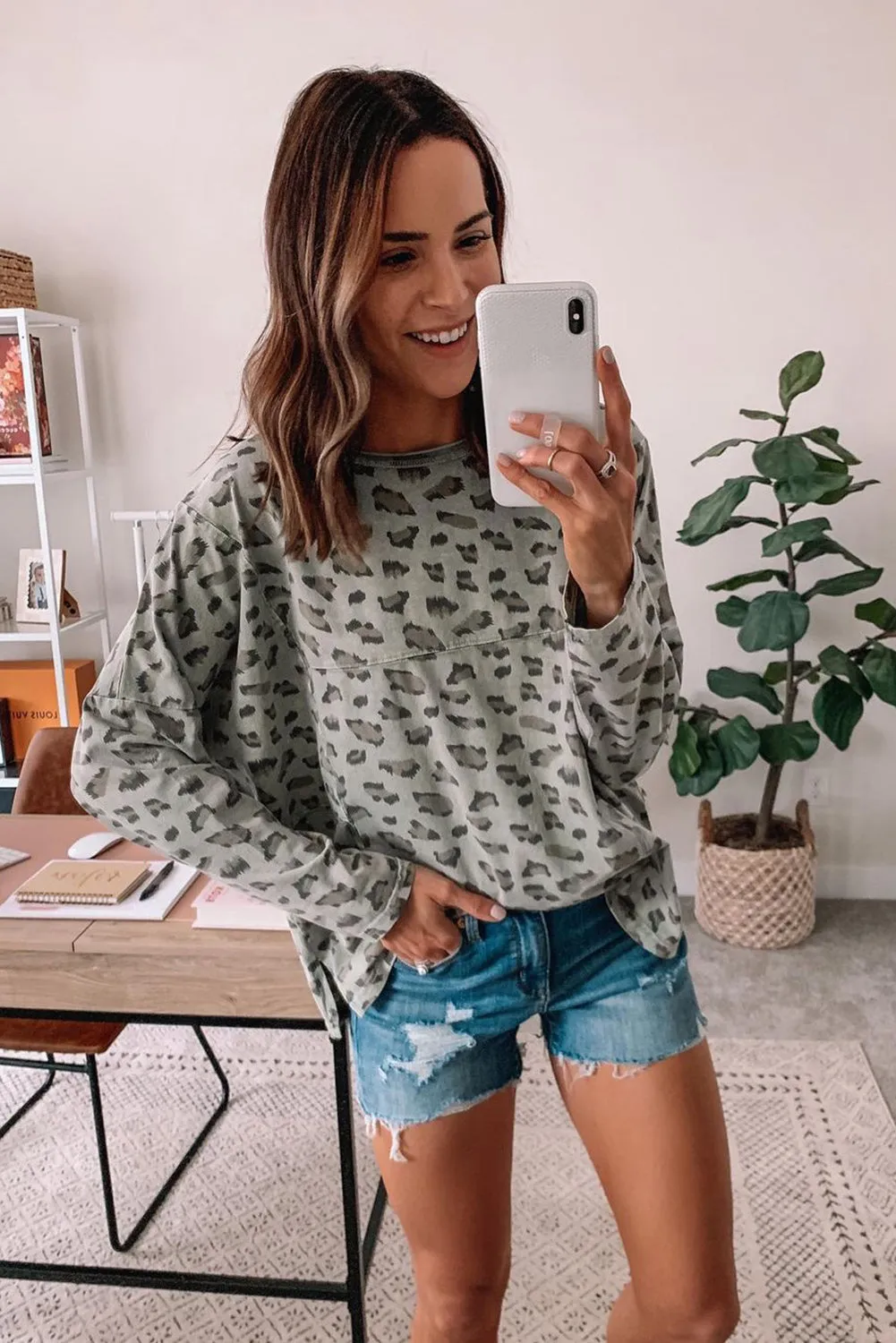 Leopard Stitching Loose Long Sleeve Top