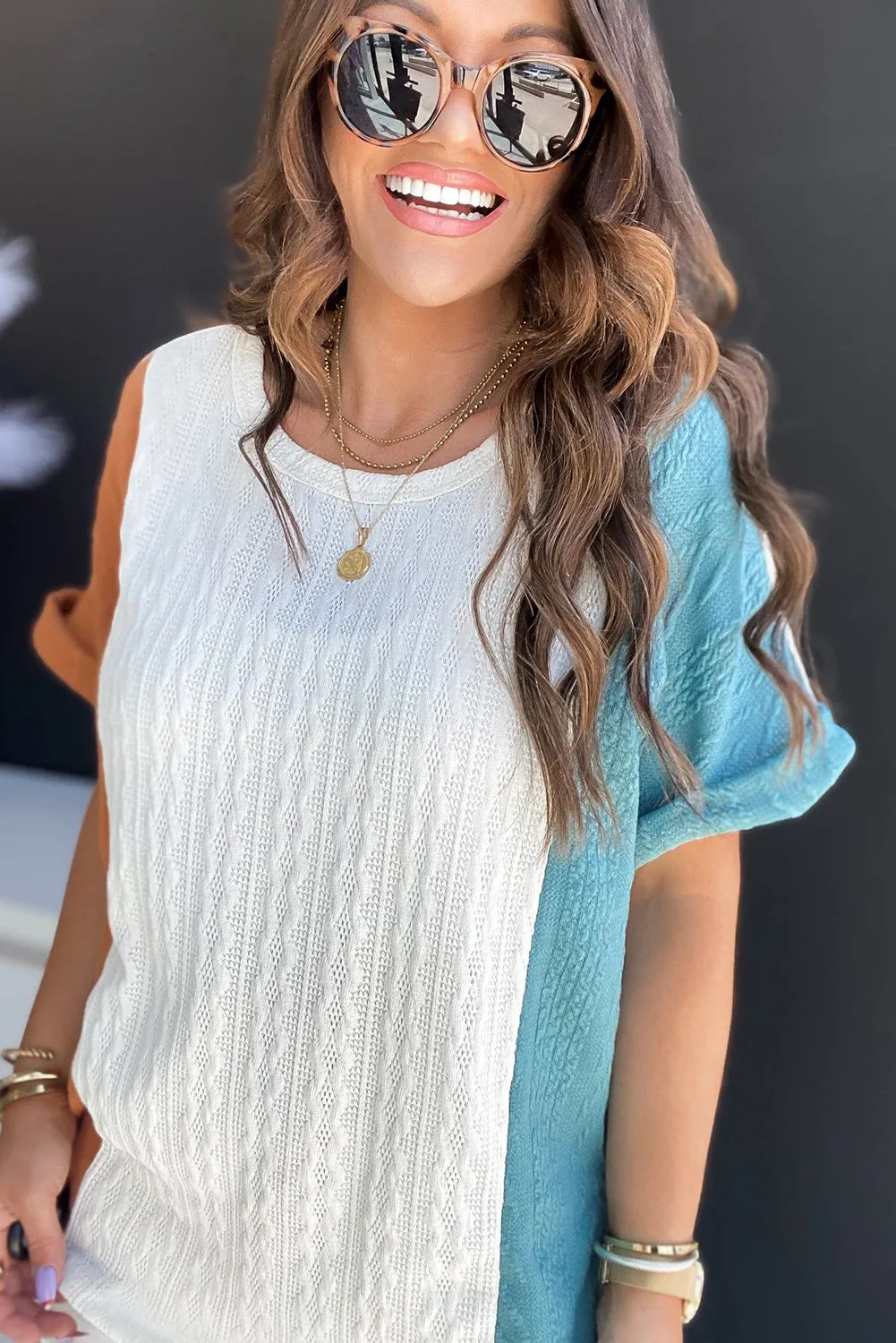 Light Blue Textured Color Block Loose Fit Crewneck T Shirt