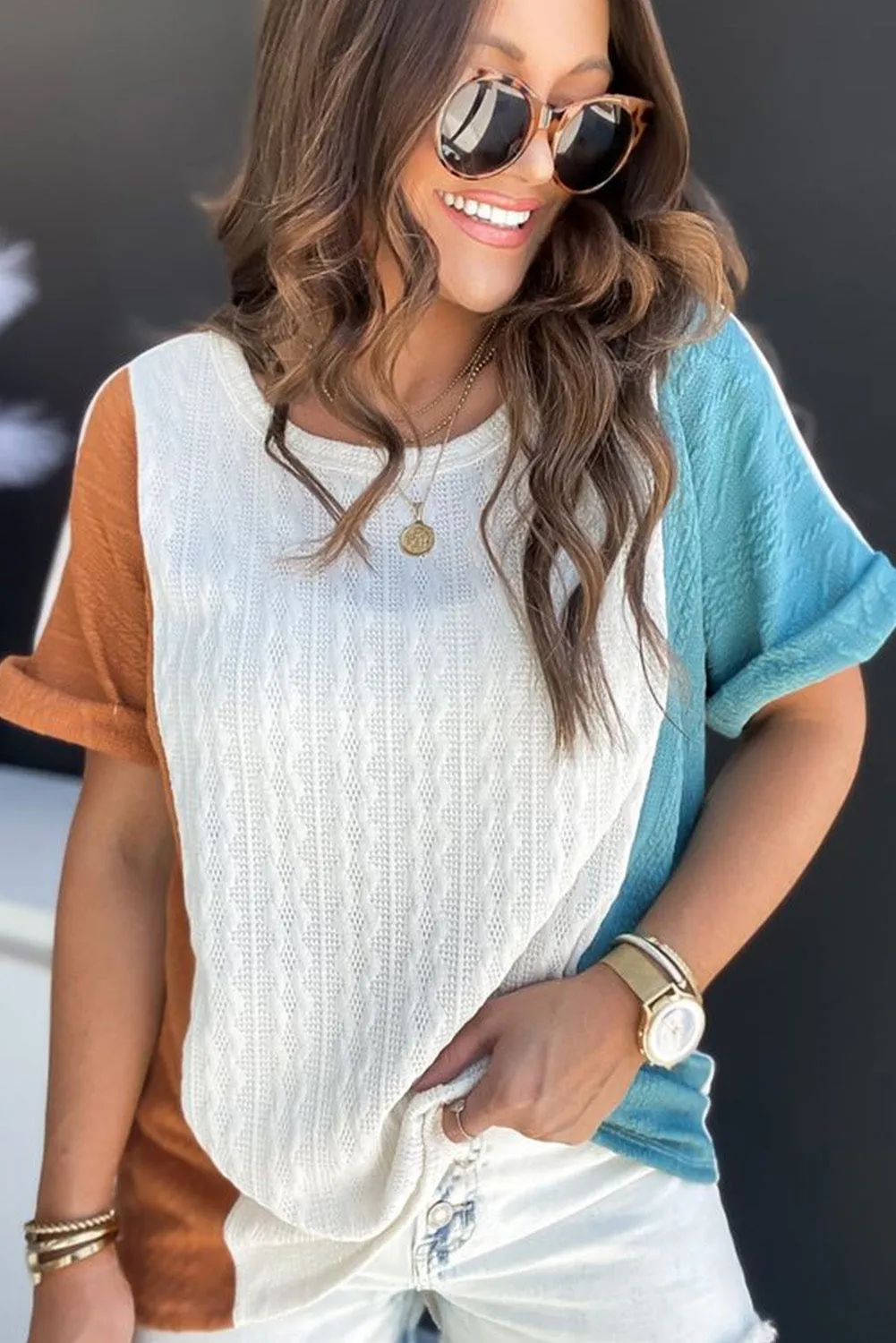 Light Blue Textured Color Block Loose Fit Crewneck T Shirt