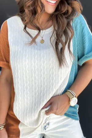 Light Blue Textured Color Block Loose Fit Crewneck T Shirt