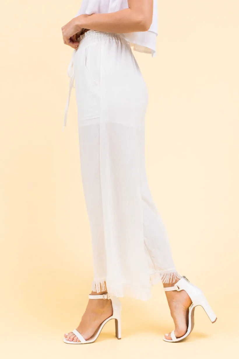 Linen Fringe Hem Crop Wide Leg Pants