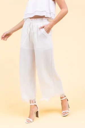 Linen Fringe Hem Crop Wide Leg Pants