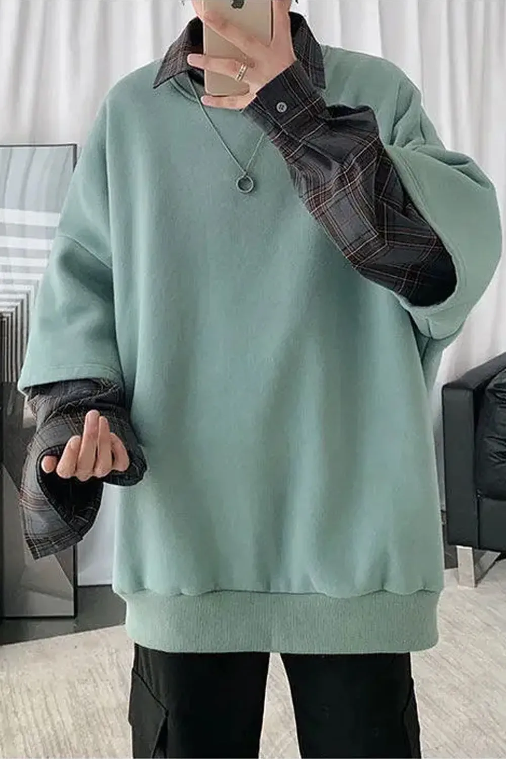 Long Sleeve Hip Hop Two Style Plaid Sweatshirt
