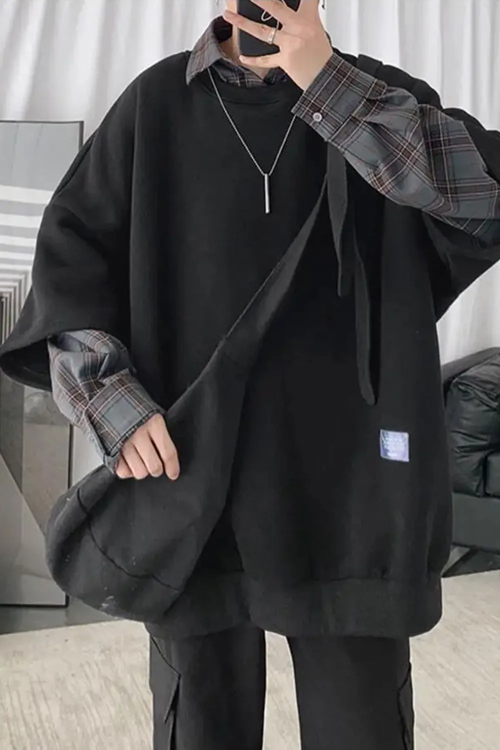 Long Sleeve Hip Hop Two Style Plaid Sweatshirt