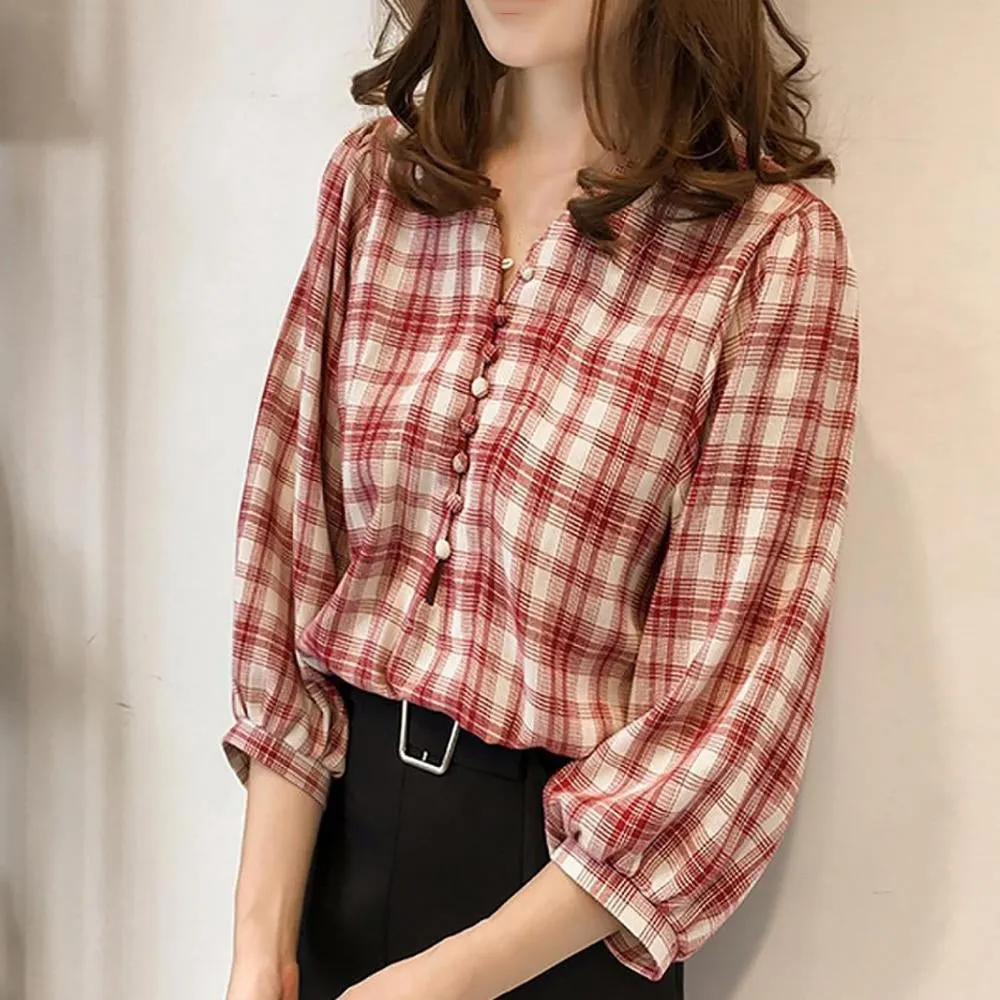 Loose Plaid Three Quarter Sleeve Shirt