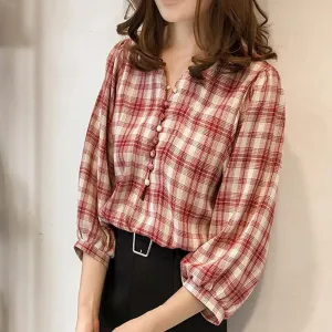 Loose Plaid Three Quarter Sleeve Shirt