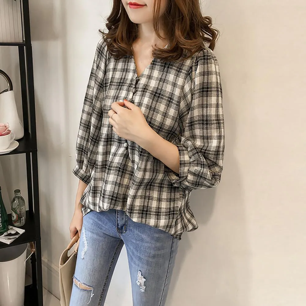 Loose Plaid Three Quarter Sleeve Shirt