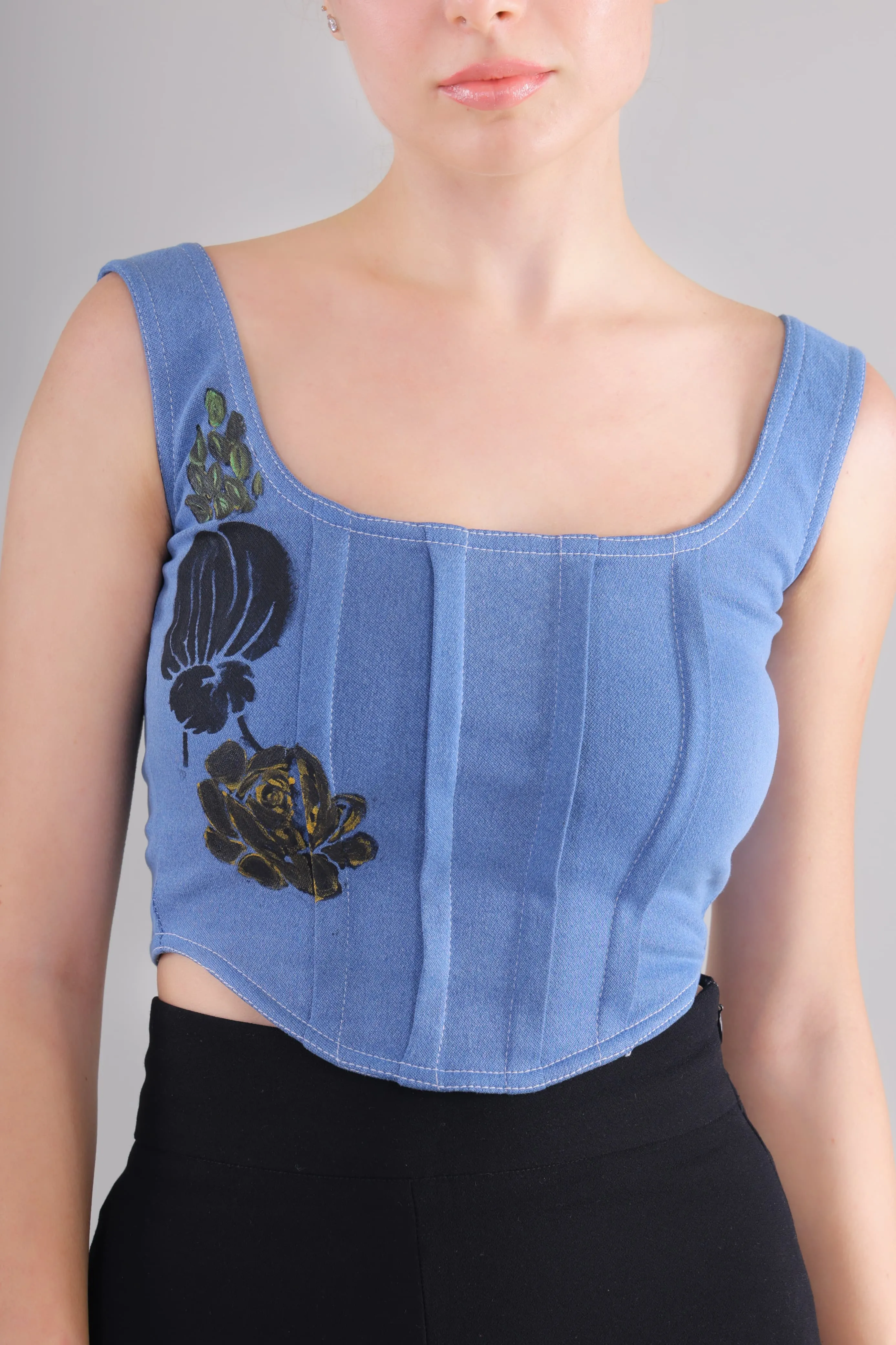Midnight Bloom Denim Corset Top