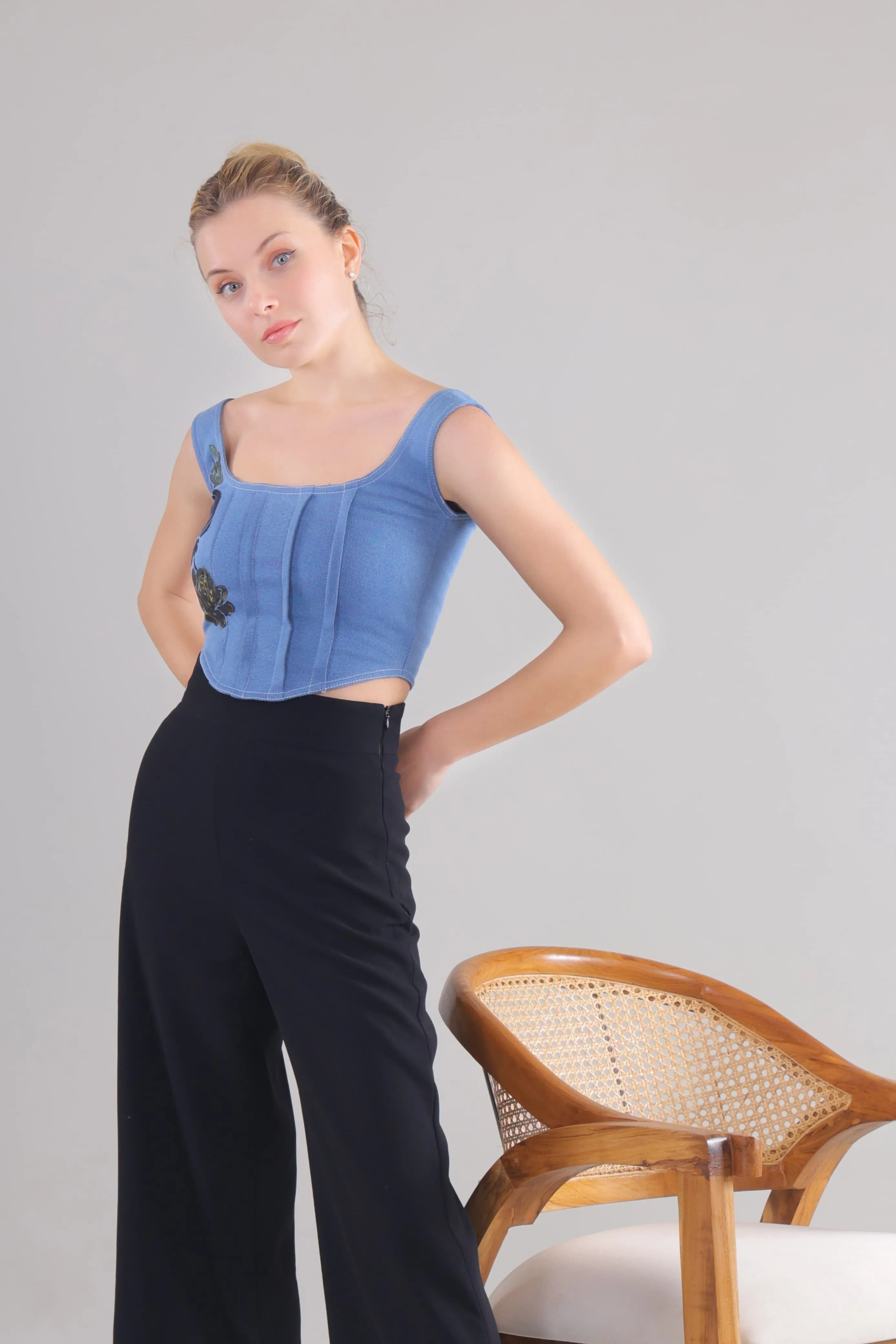 Midnight Bloom Denim Corset Top