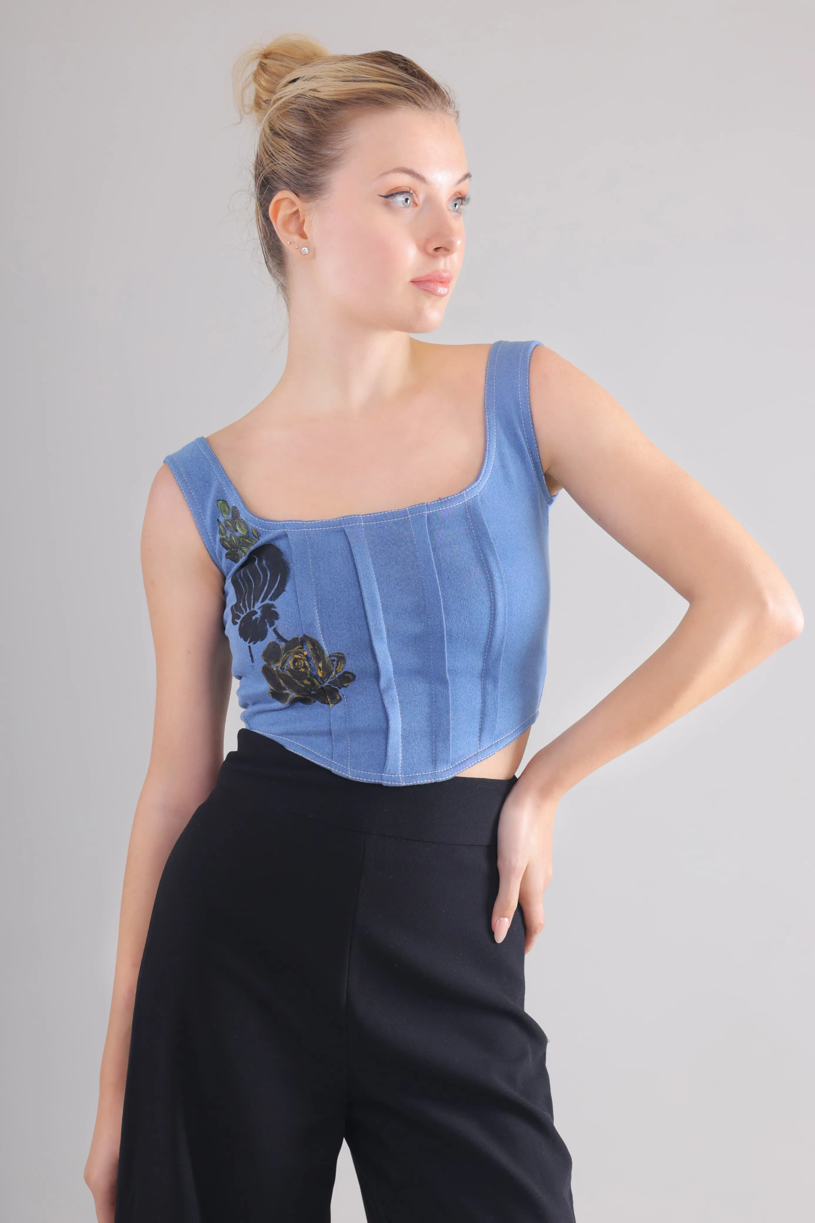 Midnight Bloom Denim Corset Top