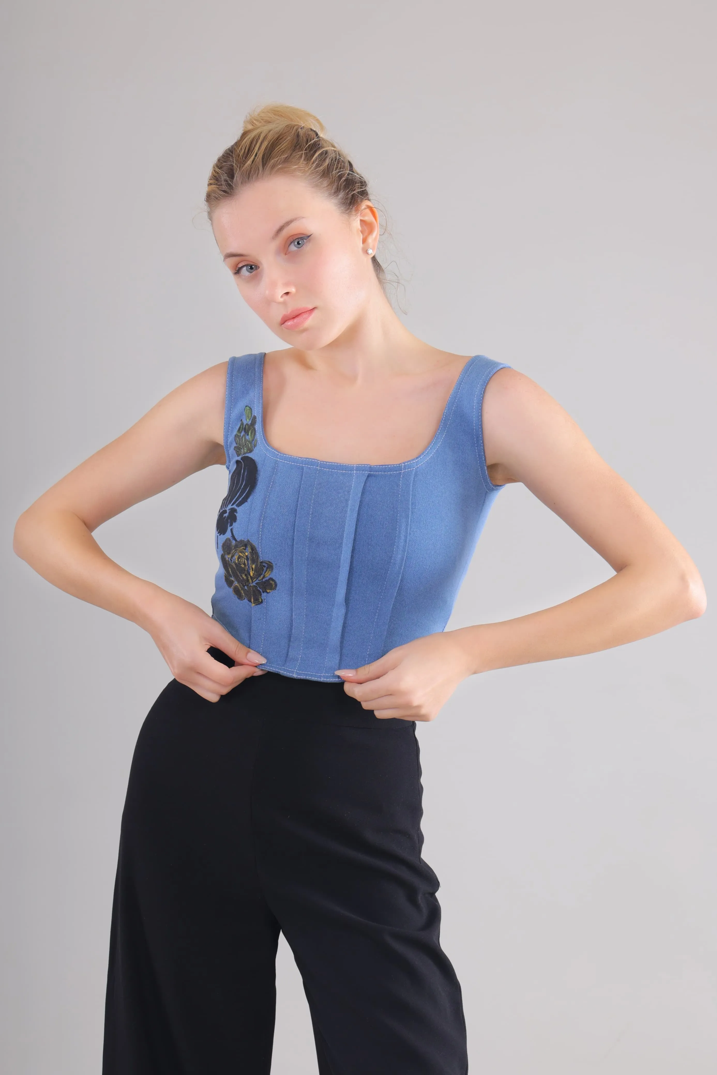 Midnight Bloom Denim Corset Top
